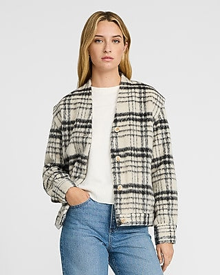 Express Women's Fuzzy Plaid Cap Sleeve Shacket in Print