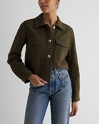 Express Women's Tweed Novelty Button Cropped Shacket in Olive