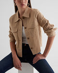 Express Women's Twill Cropped Shacket in Khaki