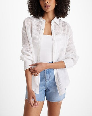 Express Women's Textured Striped Boyfriend Portofino Shirt in White