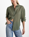 Express Women's Textured Striped Boyfriend Portofino Shirt in Green Small