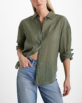 Express Women's Textured Striped Boyfriend Portofino Shirt in Green Small