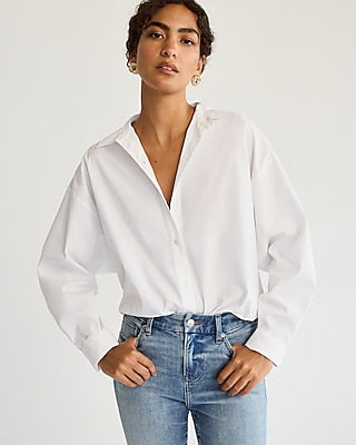 Express Women's Stretch Cotton Poplin Oversized Shirt in White Small