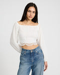 Express Women's Smocked Crochet Long Sleeve Crop Top in White