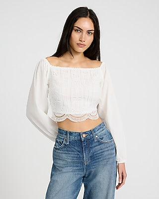 Express Women's Smocked Crochet Long Sleeve Crop Top in White