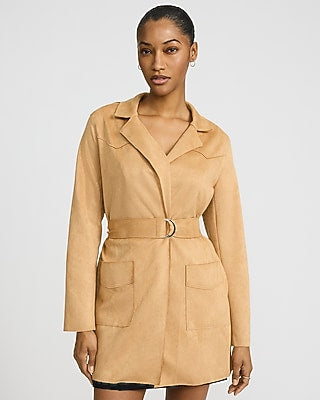 Express Women's Faux Suede Belted Coat in Brown Small