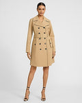 Express Women's Piped Double Breasted Belted Midi Trench Coat in Tan