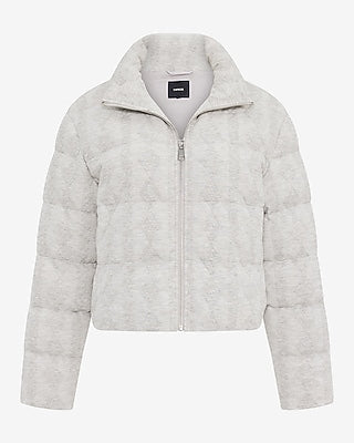 Express Women's Printed Jacquard Zip Front Puffer Coat in Silver Heather Gray