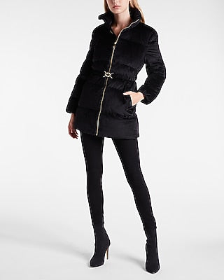 Express Women's Black Velvet Belted Puffer Jacket in Pitch Black