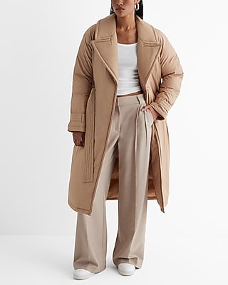 Express Women's Belted Puffer Trench Coat in Brown Small
