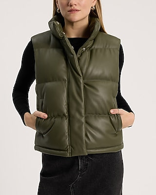 Express Women's Faux Leather Cropped Puffer Vest in Olive Green
