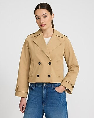 Express Women's Double Breasted Cropped Trench Coat in Tan