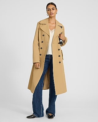 Express Women's Double Breasted Belted Maxi Trench Coat in Tan