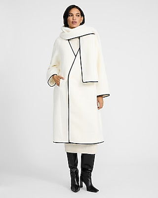 Express Women's Faux Leather Tipped Scarf Coat in Ivory