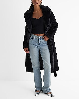 Express Women's Faux Fur Belted Trench Coat in Black Small