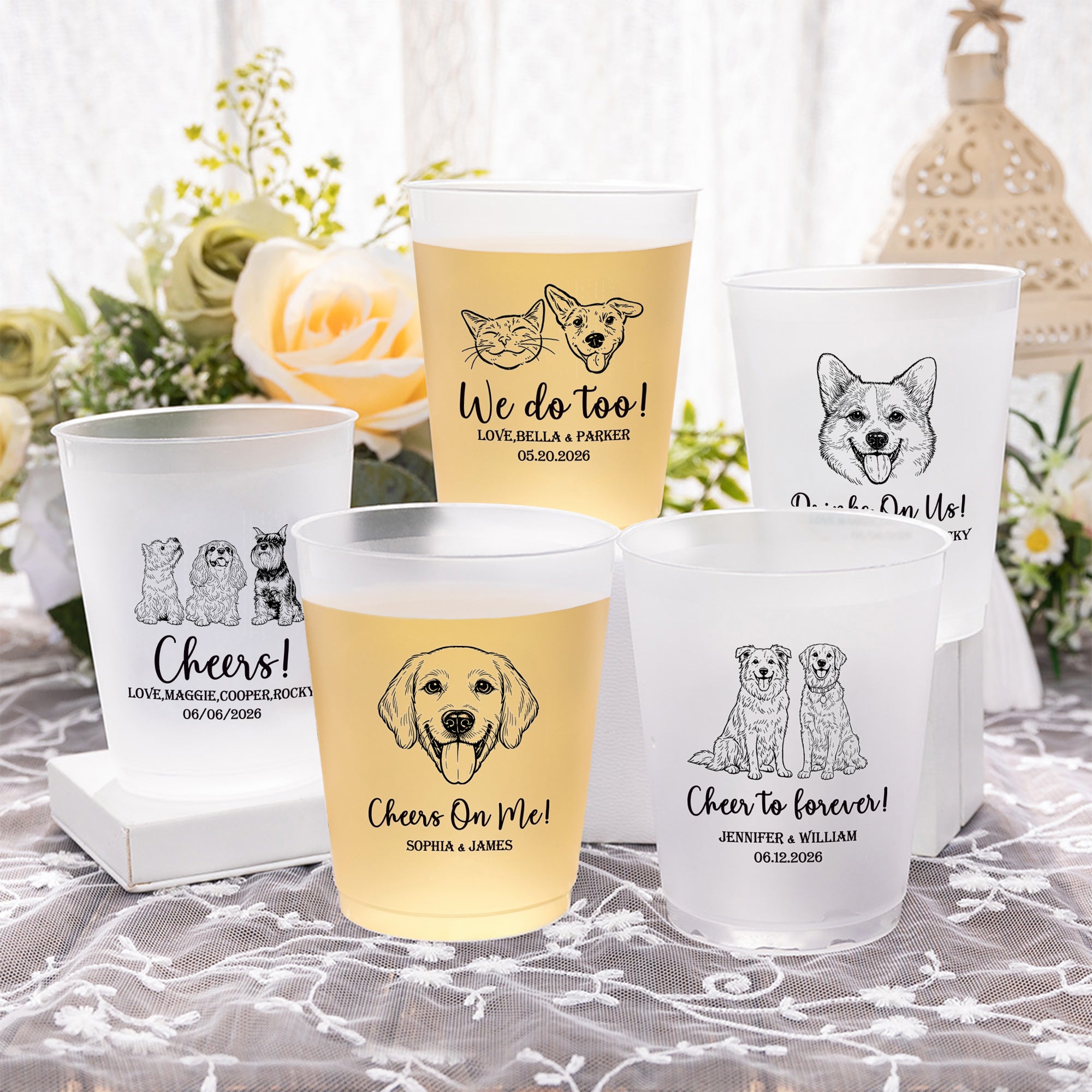 Vasos de plástico esmerilado desechables personalizados con el nombre Juego de 10 Vasos de plástico esmerilado desechables con el nombre Regalo de boda para invitados recién casados