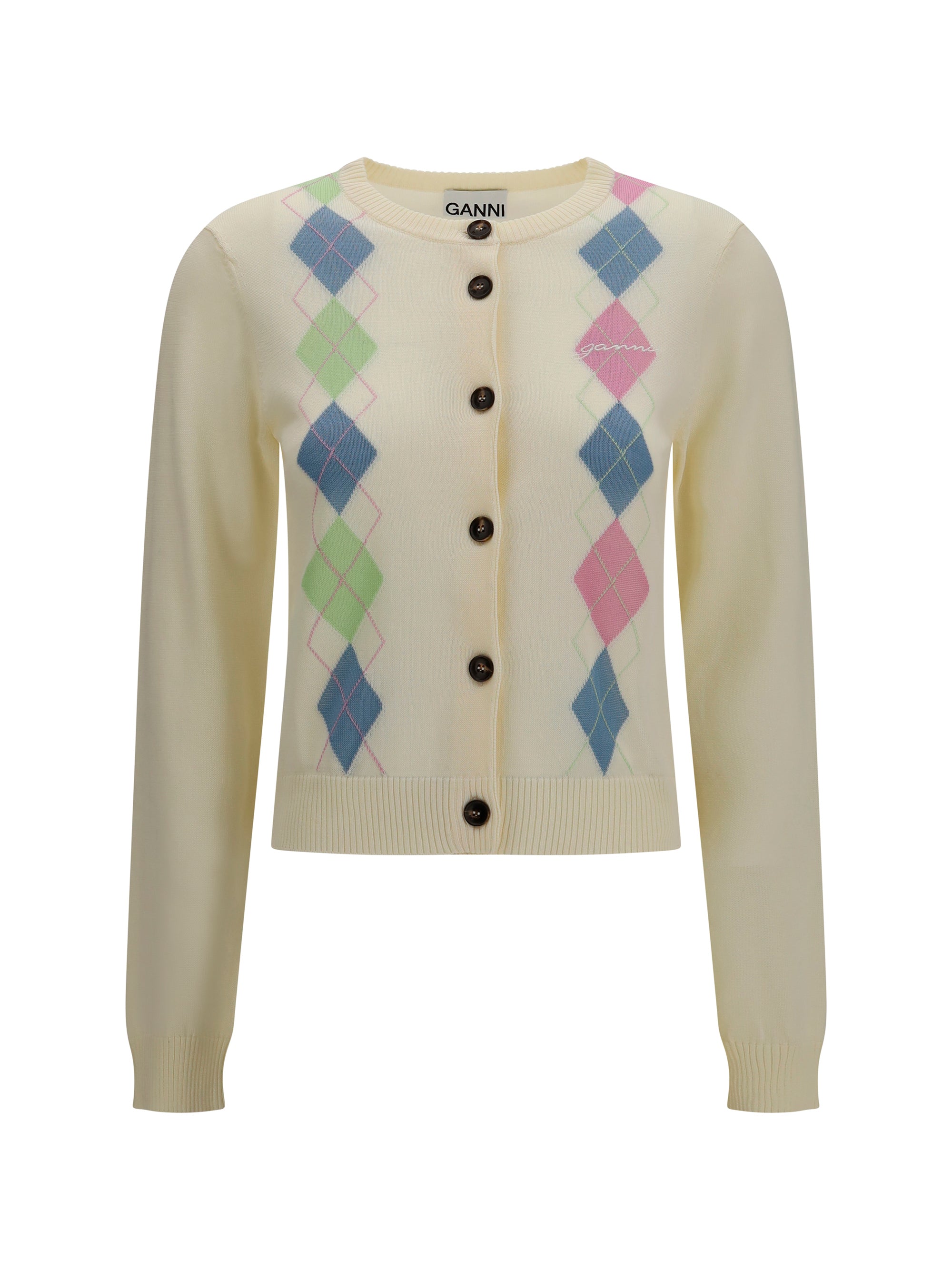 Ganni Diamond-Pattern Cotton Cardigan — Beige