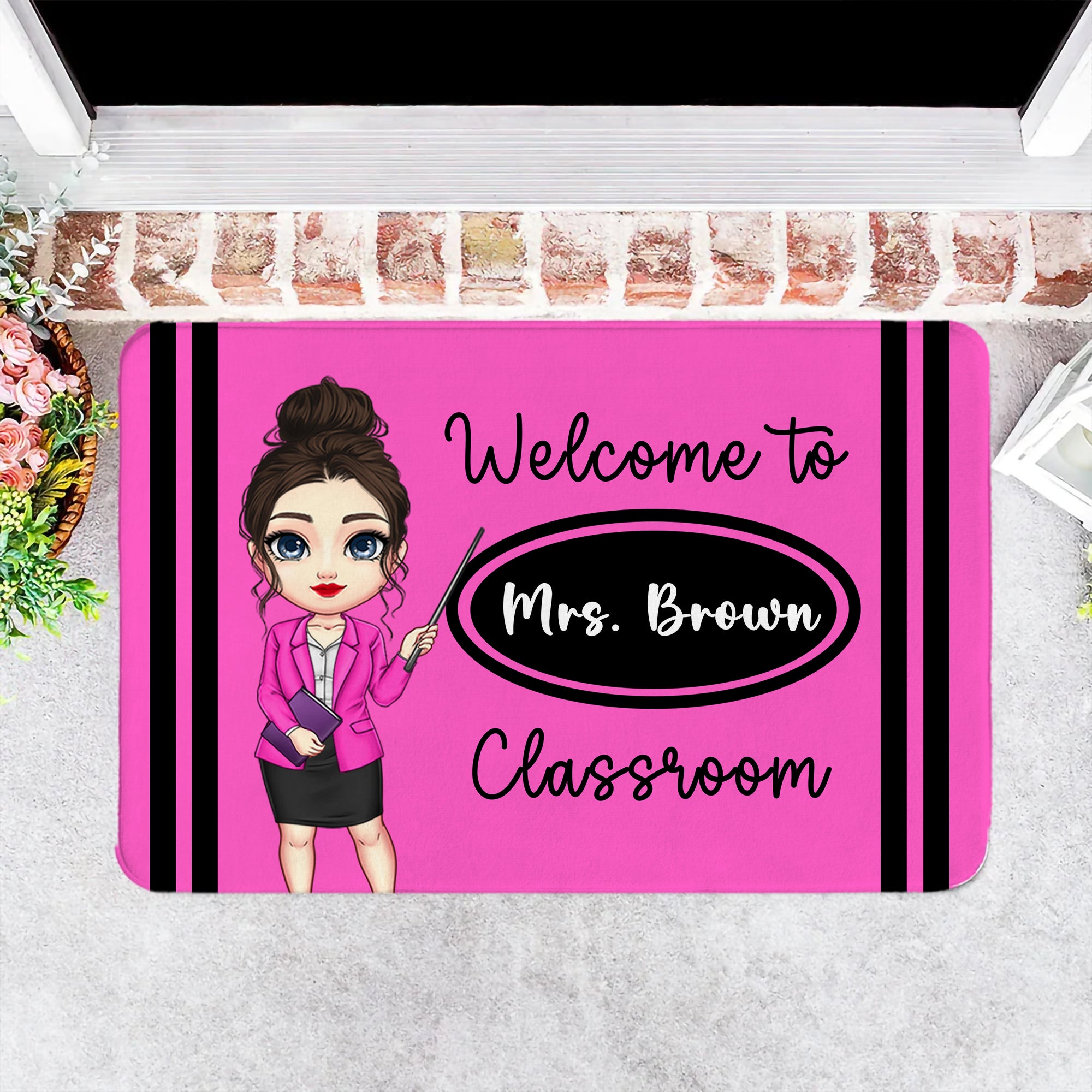 Felpudo antideslizante con nombre personalizado Welcome to Classroom Pencil Crayon Cartoon Character Durable Back to School Gift for Teachers