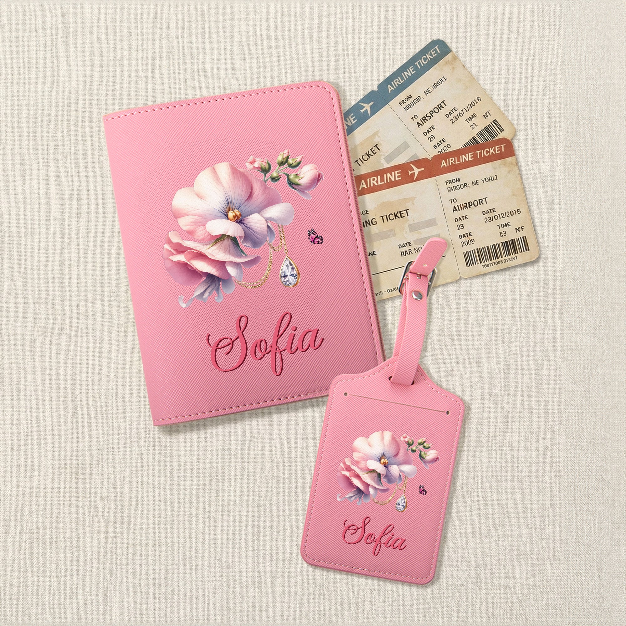 Personalizada Flor de Nacimiento Piedra de Nacimiento PU Cuero Porta Pasaporte Etiqueta de equipaje con nombre Cumpleaños Regalo para Mujeres Amigos