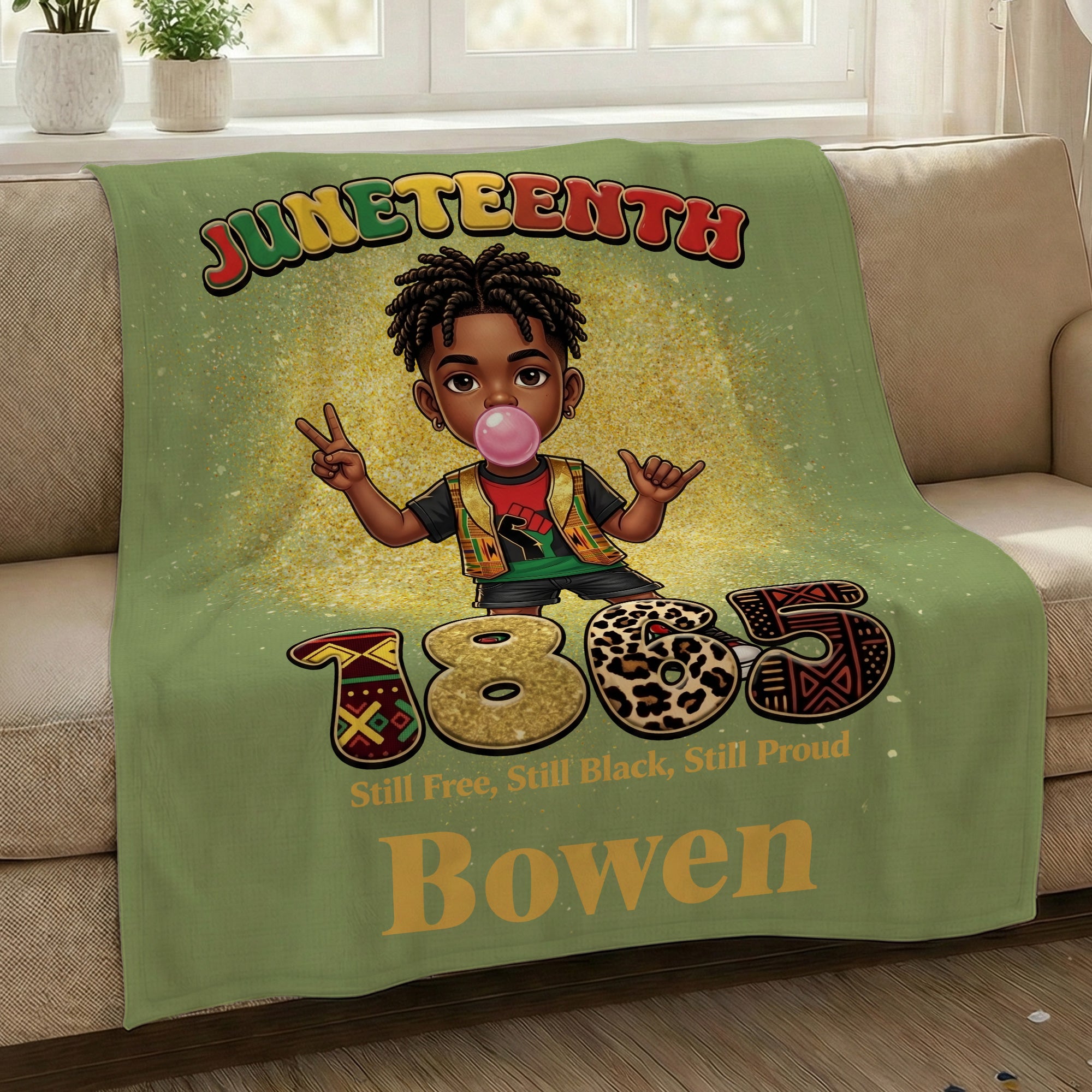 Personalizado Cute Cartoon Juneteenth African Kids Soft Throw Blanket with Name Black Independence Day Gift for Boy Girl