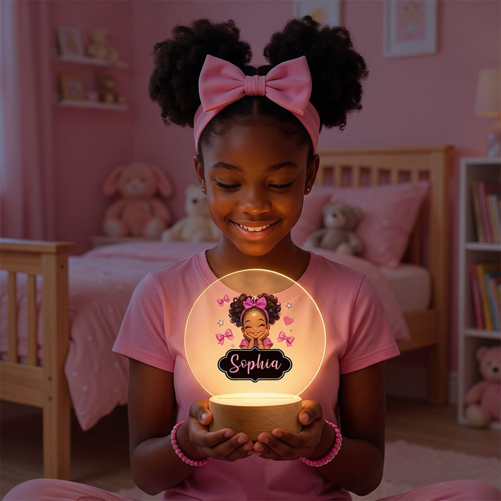 Arco Personalizado Lindo Dibujo Animado Niña Pequeña LED Acrílico Luz de Noche con Nombre y Base de Madera Decoración del Hogar Regalo de Cumpleaños para Niña Negro