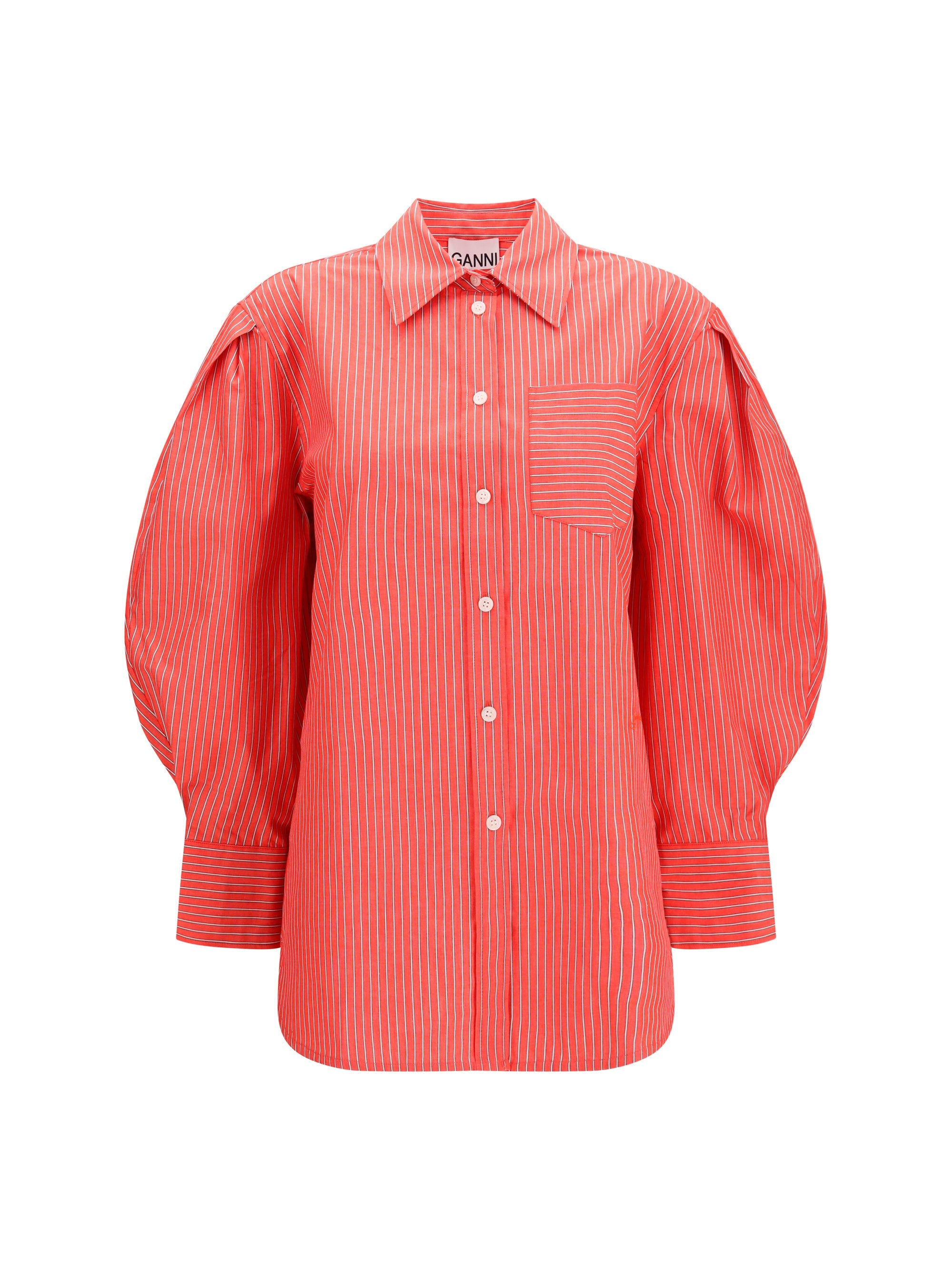 Ganni Striped Cotton with Balloon Sleeves Shirt — Red