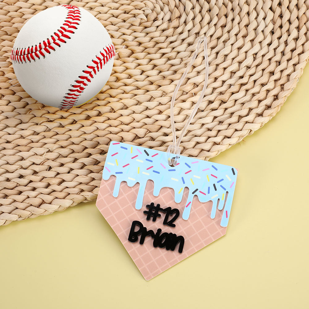 Personalizado derretido helado Waffle acrílico ornamento con nombre y número de bolsa de accesorios de juego regalo de cumpleaños para los amantes del béisbol Softball atletas