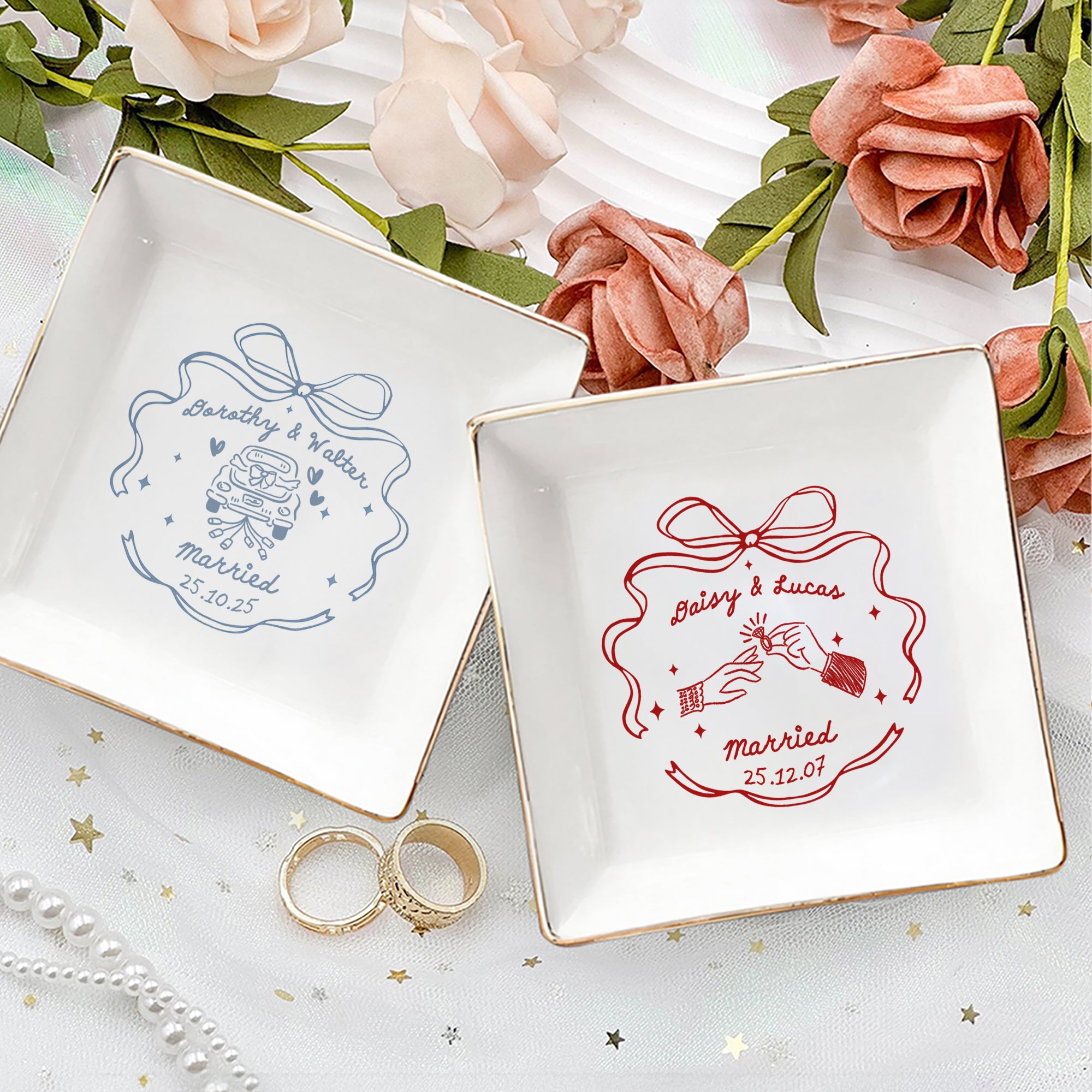 Personalizado romántico casado de cerámica baratija joyería plato con nombre de compromiso de boda regalo de Navidad para parejas novia a ser