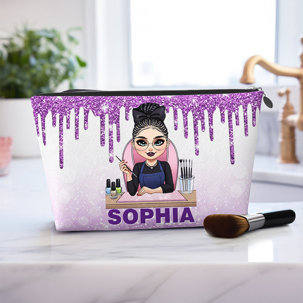 Bolsa de maquillaje personalizada con nombre de personaje de manicura de dibujos animados Regalo de inauguración de salón de belleza para técnicos de uñas