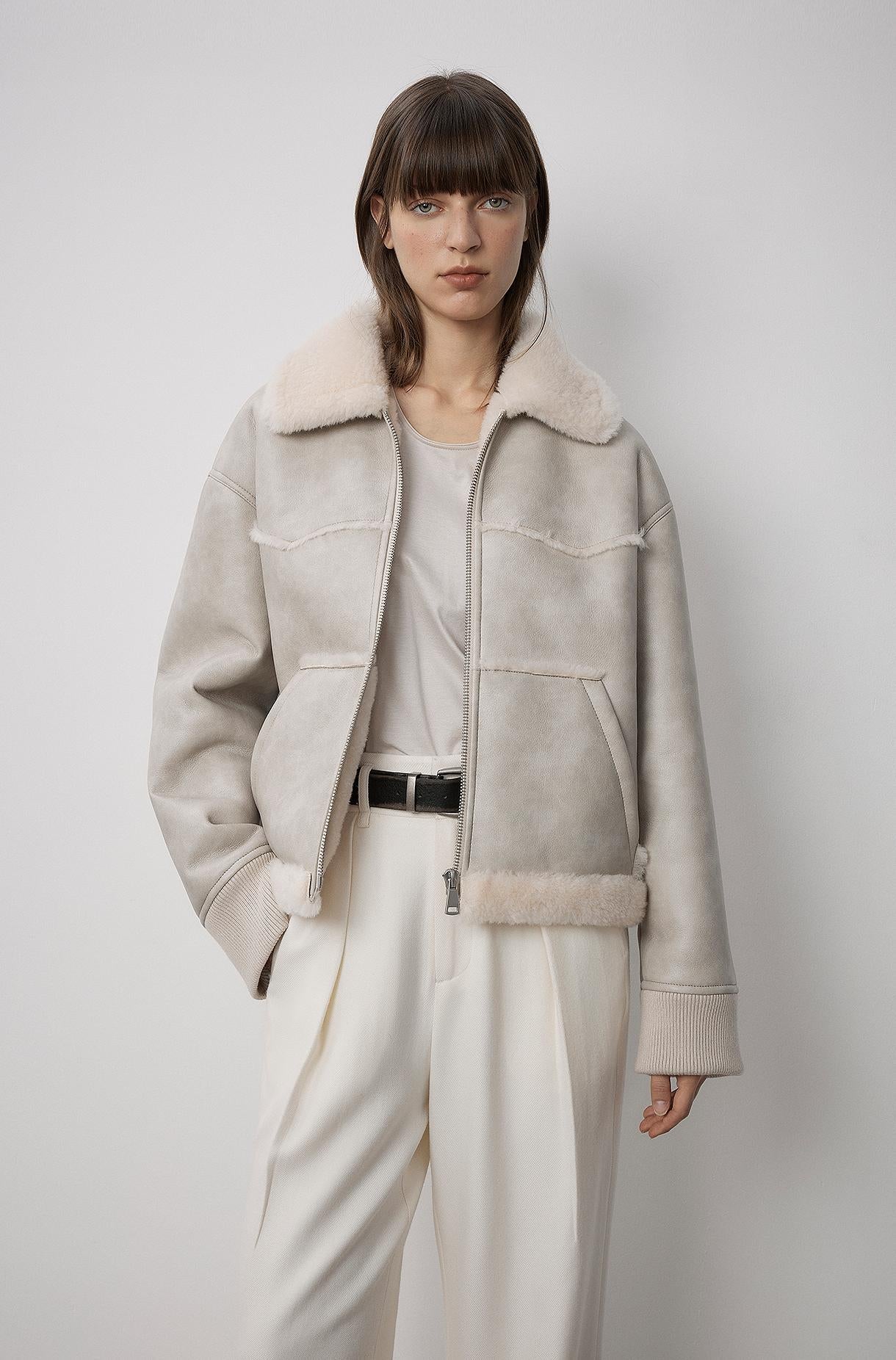Makino's Fun Lapel Wool Artificial Compound Leather Short Style Shearling Jacket