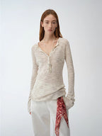 Perry Moonlight fashionable cotton and linen beaded fancy yarn waisted bell sleeves round neck cardigan knitted top