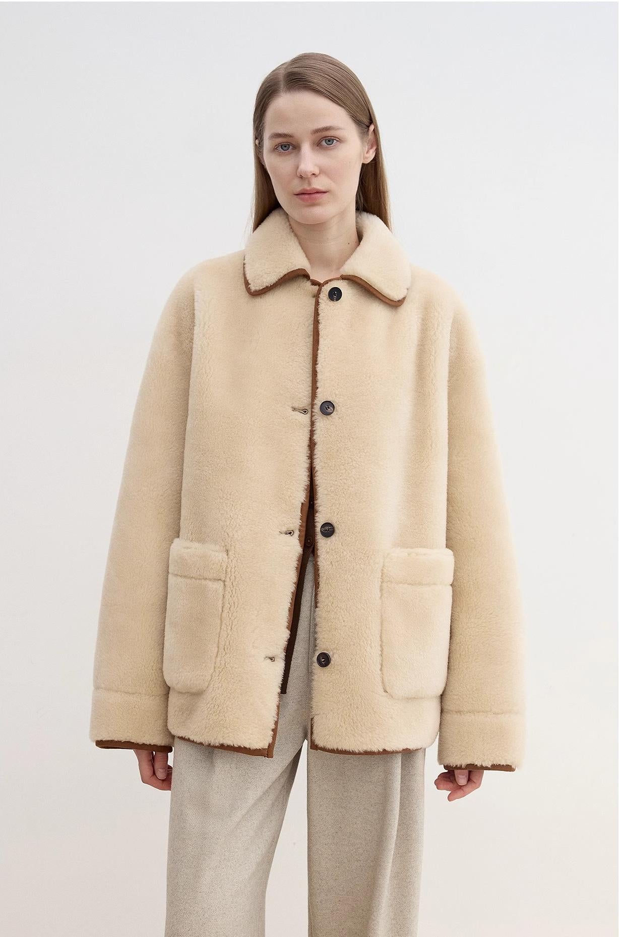 Winter Concerto Lapel Wool Artificial Compound Suede Vintage Contrast Colored Shearling Coat