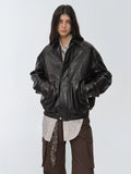 New York International Student Retro and fashionable imported waxed  leather bomber jacket