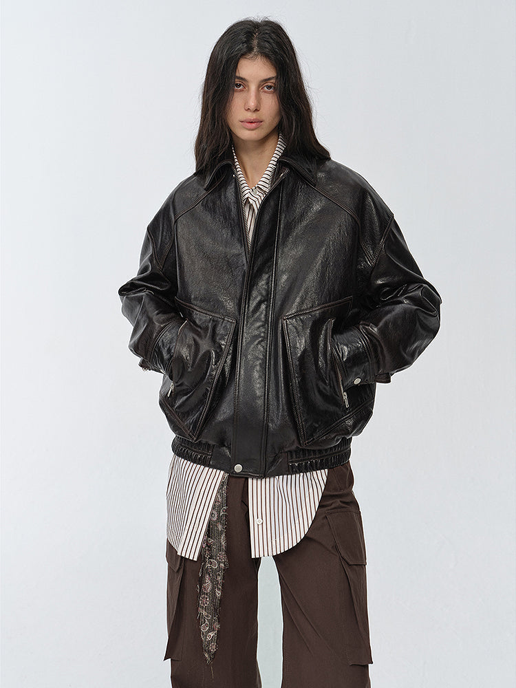 New York International Student Retro and fashionable imported waxed  leather bomber jacket