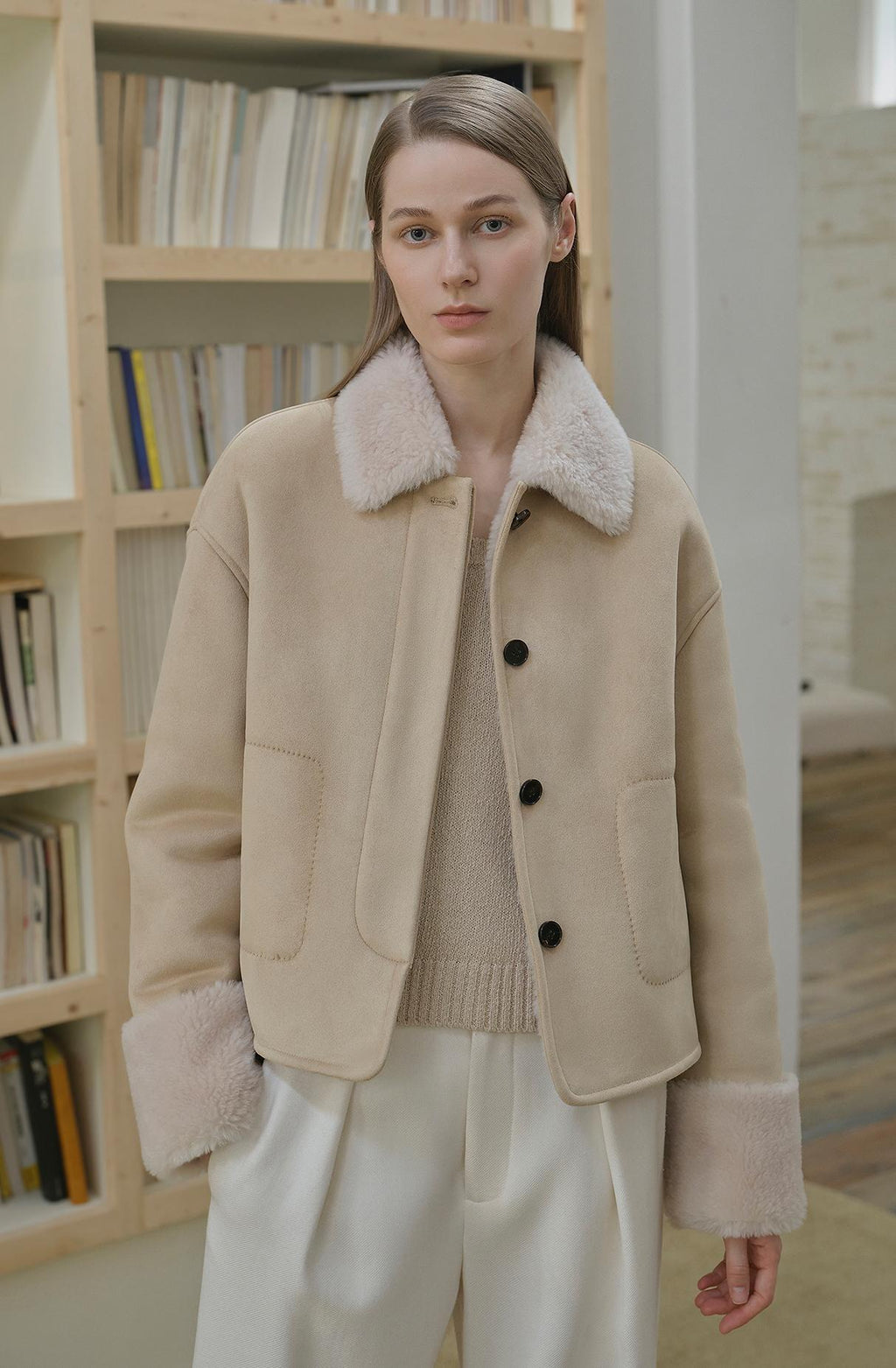 Slightly Sweet Latte Furry Lapel Wool Artificial Compound Suede Casual Straight Shearling Jacket