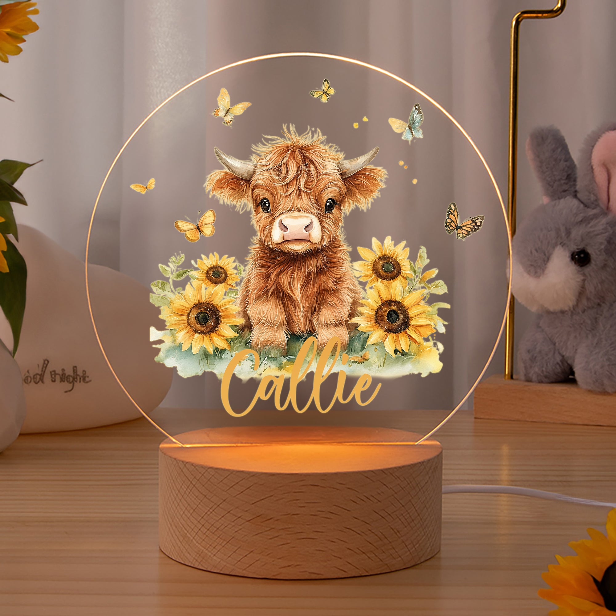 Personalizada Highland Vaca Girasol Mariposa Acrílico LED Luz de Noche con Nombre y Base de Madera Decoración de la Habitación Navidad Cumpleaños Regalo para Niños