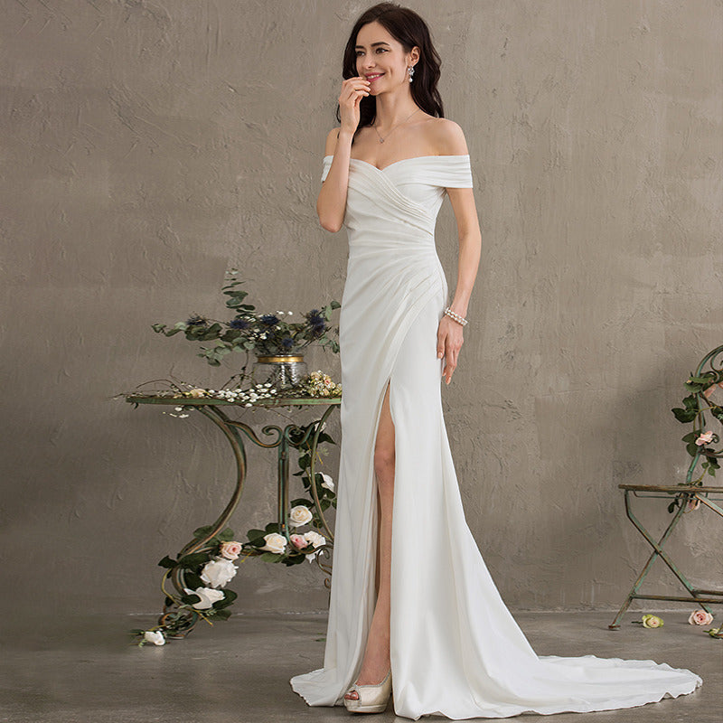 Bridal Wedding Dress Ivory Long Off the Shoulder Sheath Stretch Crepe
