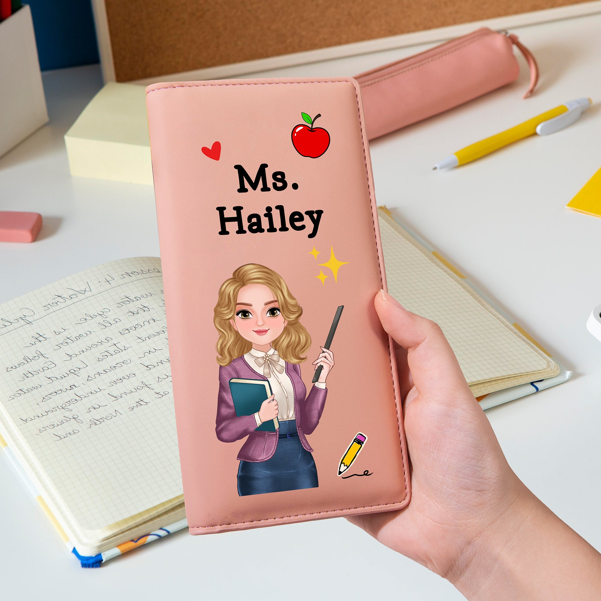 Cartera personalizada de dibujos animados con nombre y tarjetero con bloqueo RFID Día del Profesor Regalo de agradecimiento por la vuelta al cole para profesores