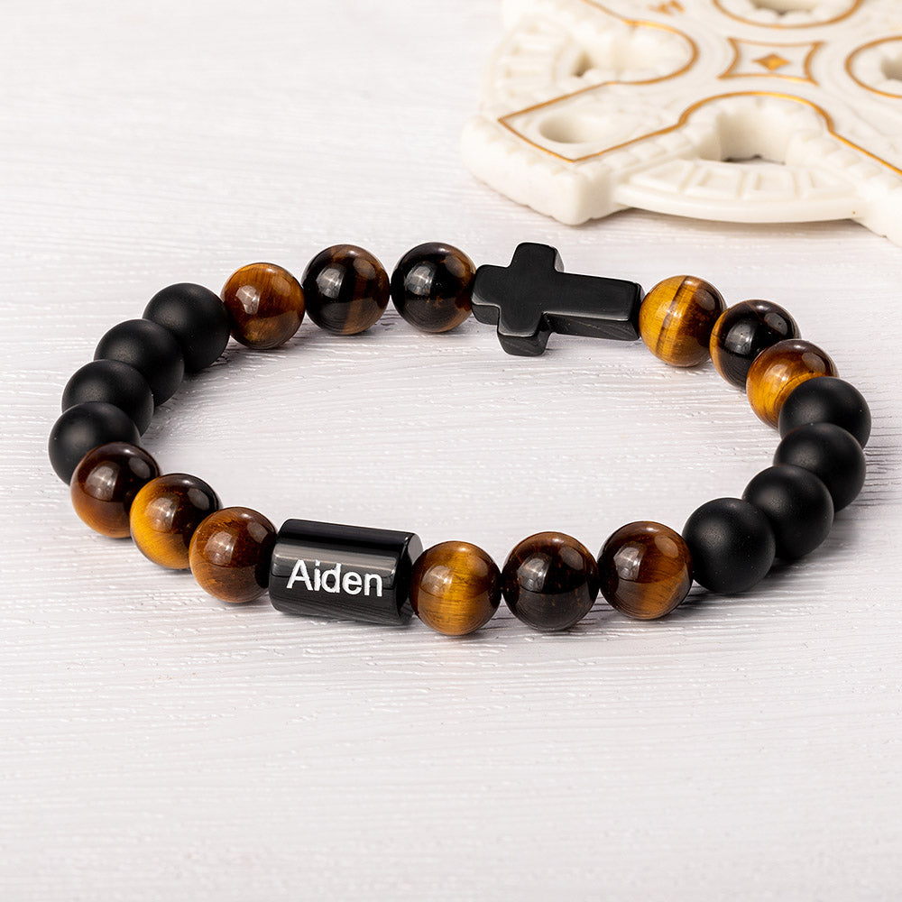 Personalizada Cruz Onyx Piedra Natural Cuentas Pulsera Elástica con Nombre Cumpleaños Bautizo Regalo para Hombres Cristiano