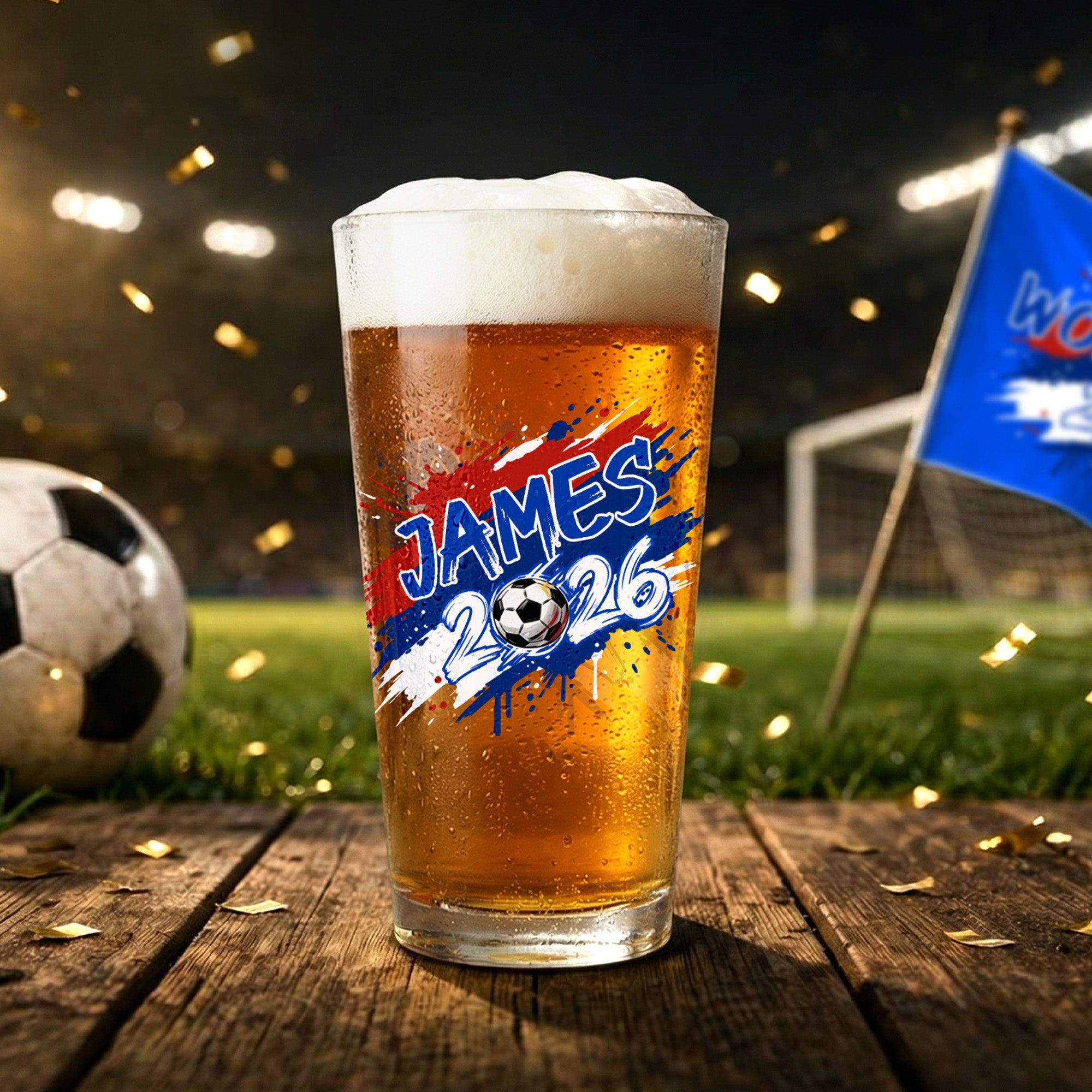 Vaso de Cerveza Personalizado Splash Ink 2026 Soccer 16 oz con Nombre y Año Día del Partido Regalo de Cumpleaños para los Amantes de los Jugadores de Fútbol