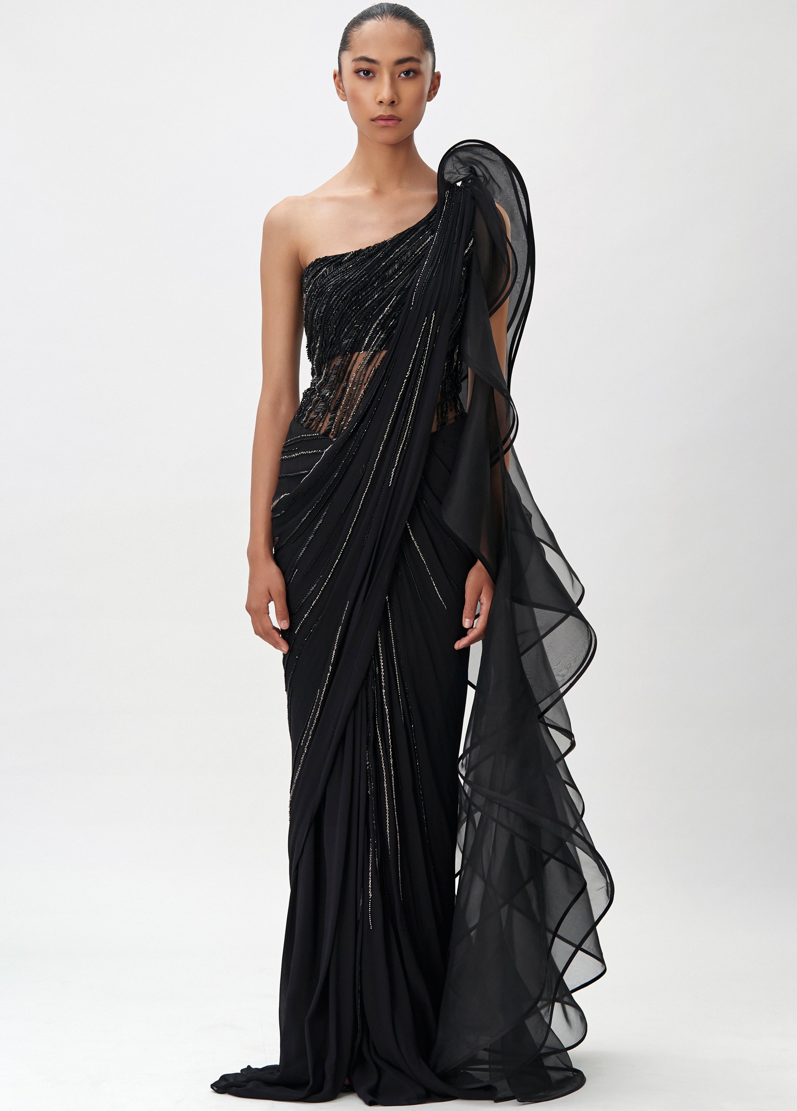 The Black Ruffle Sari Gown By KYNAH, Luxury Indian Fashion & Bridal Wear