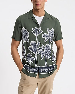 Express Men's Palm Tree Bordered Rayon Short Sleeve Shirt in Olive Green