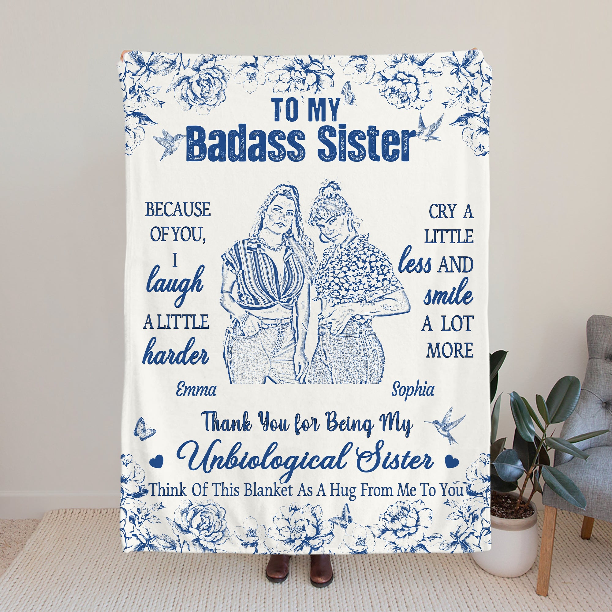 Manta suave con nombre y texto para personalizar con foto de bosquejo floral 2-6 caracteres Decoración del hogar Regalo de cumpleaños para hermanas y mejores amigas