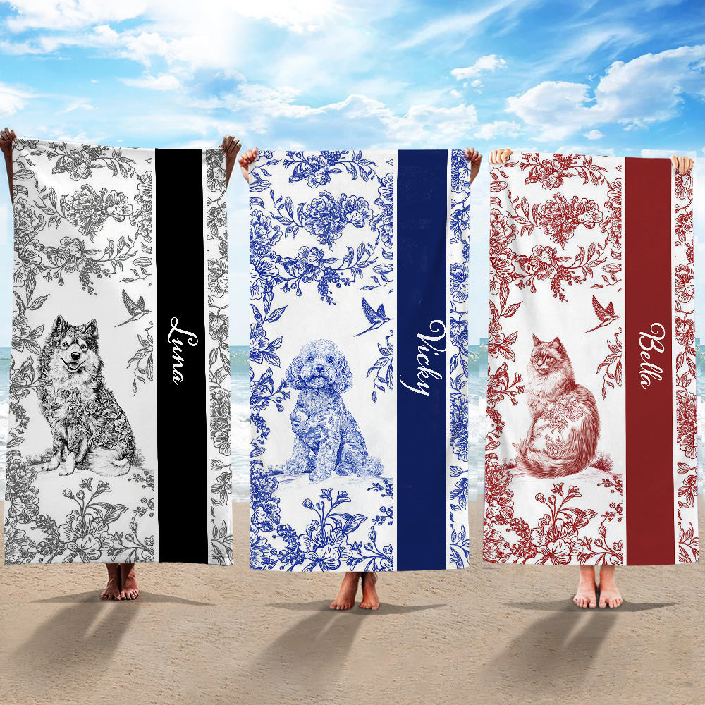 Toalla de Playa Personalizada Toile De Jouy con Dibujo de Mascota Secado Rápido Suave Toalla de Playa de Gran Tamaño con Nombre Vacaciones de Verano Fiesta en la Playa Regalo de Cumpleaños para los Am
