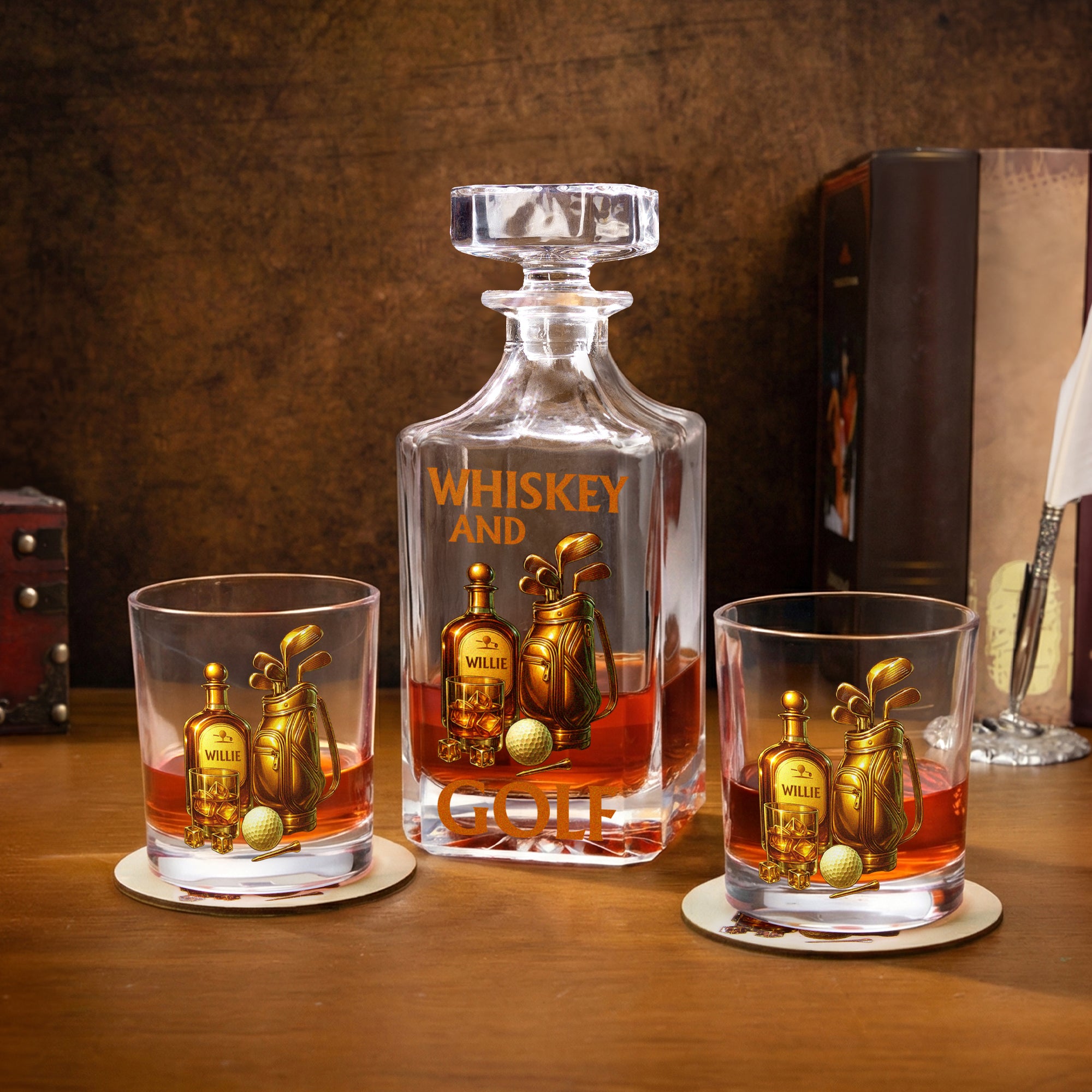 Set de Vasos Decantadores de Whisky con Nombre de Palo de Golf Personalizados en Oro Regalo de Cumpleaños para los Bebedores de Whisky Aficionados al Golf
