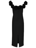 Black crepe midi dress with floral print