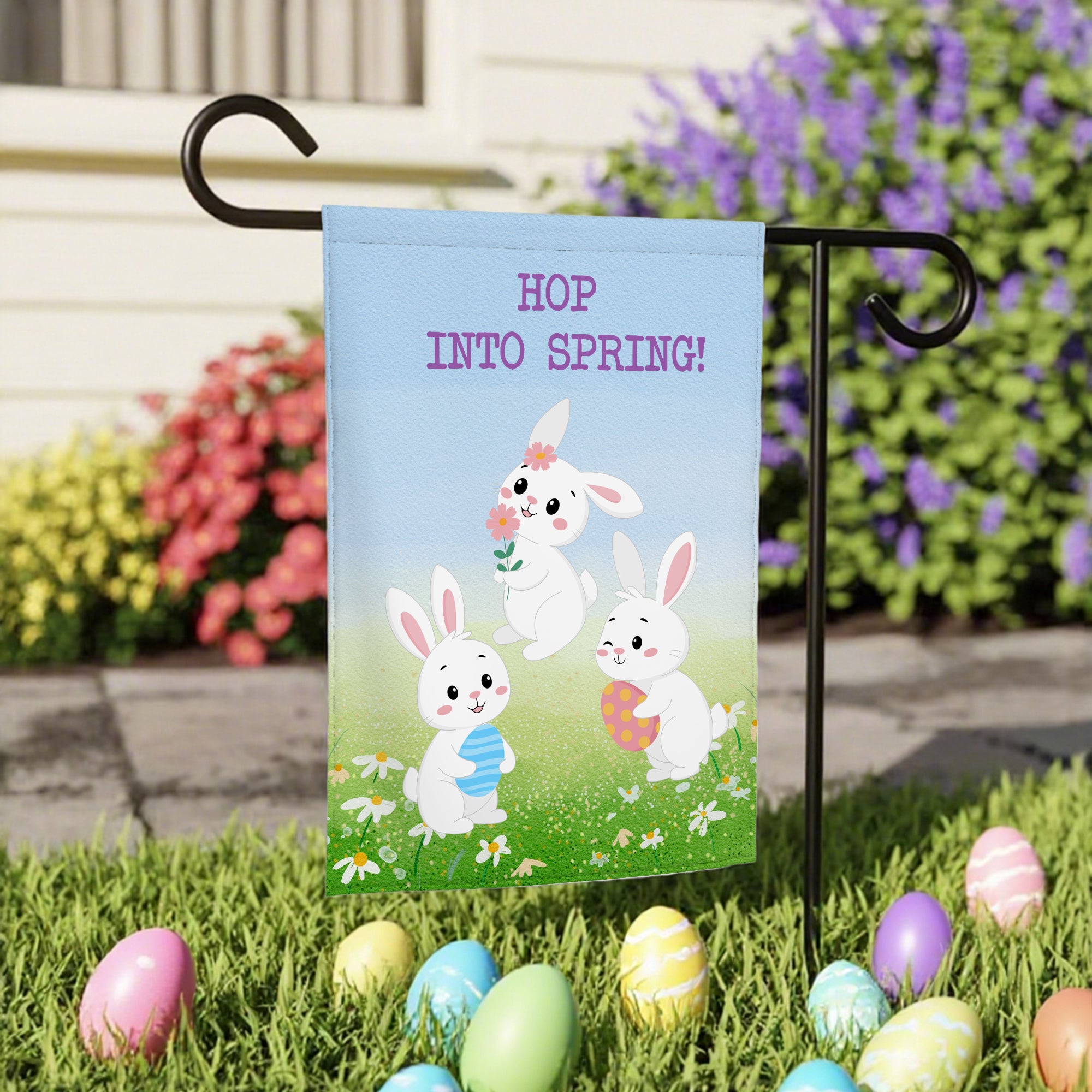 Bandera de jardín personalizada de conejitos bailarines con texto Decoración de primavera para exteriores Regalo de Pascua para un amigo de la familia Amantes del jardín