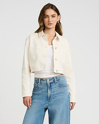 Express Women's Cream Cropped Denim Jacket in Swan