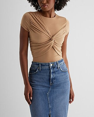 Express Women's Body Contour Compression Crew Neck Twist Front T-Shirt in Pecan