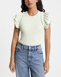 Express Women's Ribbed Crew Neck Flutter Sleeve Bodysuit in Whisper Green